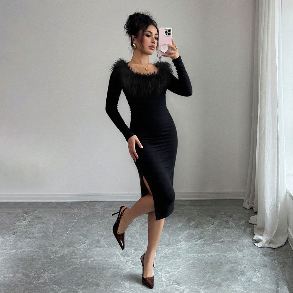Black Plush Collar Long Dress for Women Slim Fit Side Slit Elegant Design Perfect for Autumn and Winter Evening