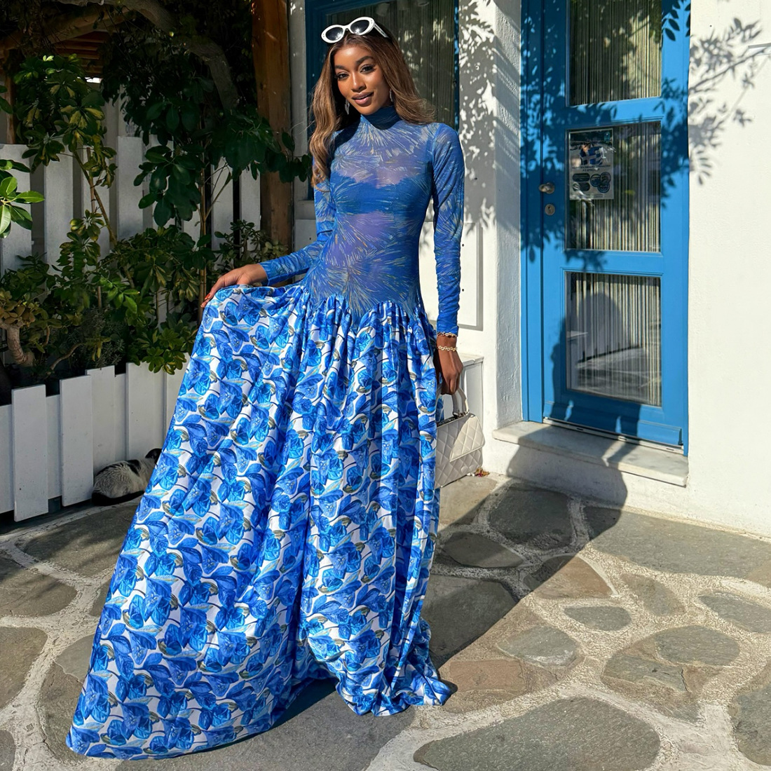 European and American Cross border New Women's Fashion Long Sleeve Half High Neck Personality Printed Mesh Splicing A line Dress