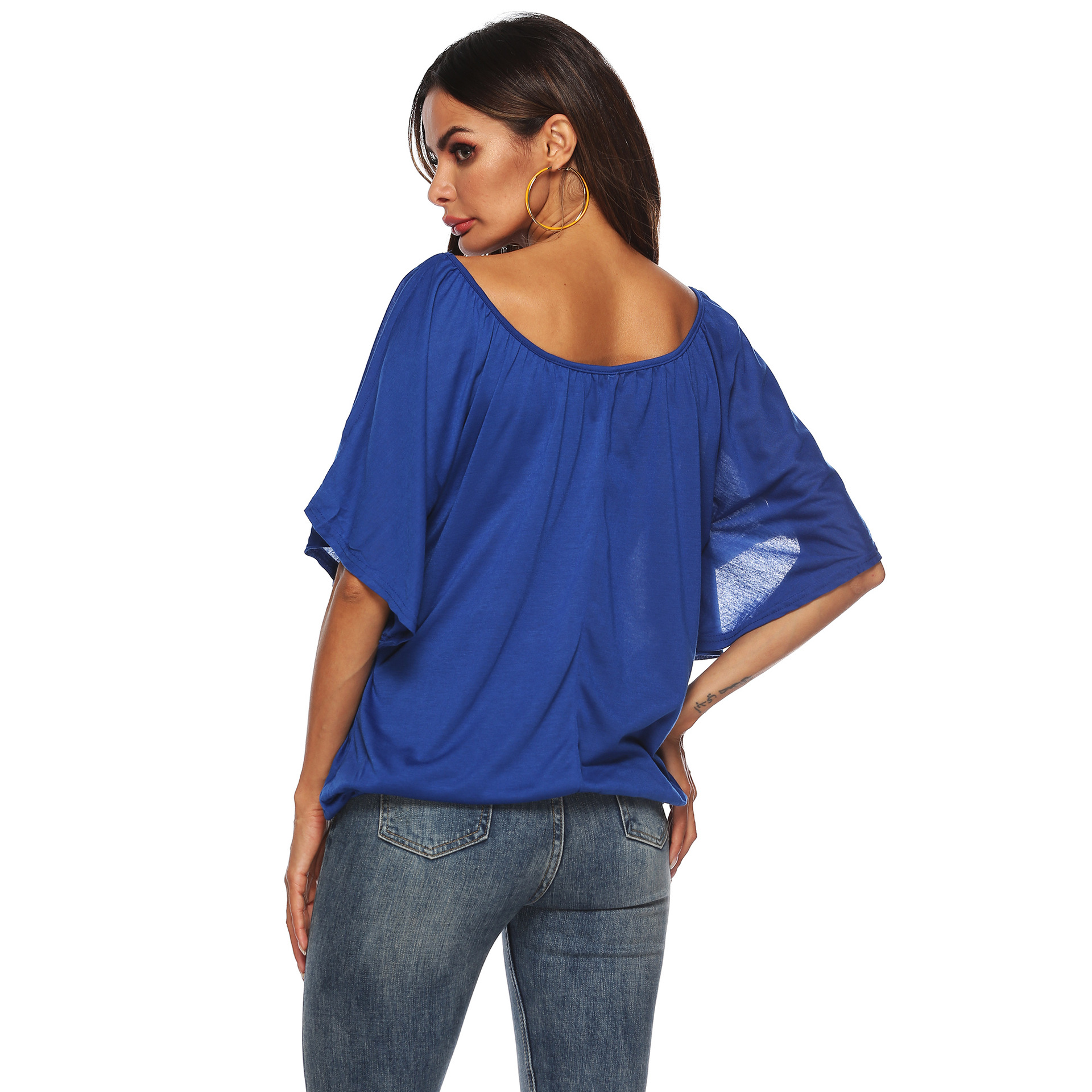 Womens Batwing Sleeve T Shirt Solid Color Round Neck Asymmetrical Hem Casual Wear Summer Style OEM Available