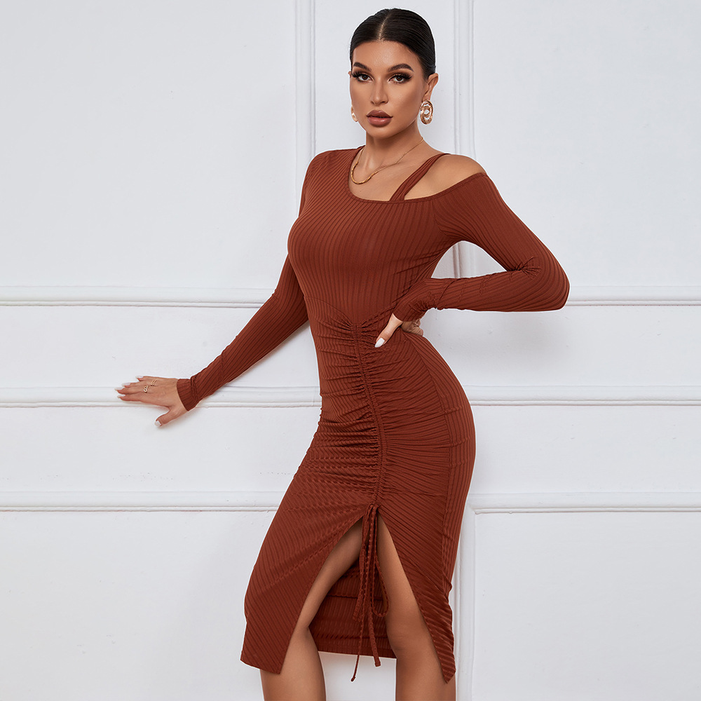 European and American Style Women's Dress with Drawstring, Slit, Off Shoulder, Autumn and Winter, Bodycon, Long Sleeve