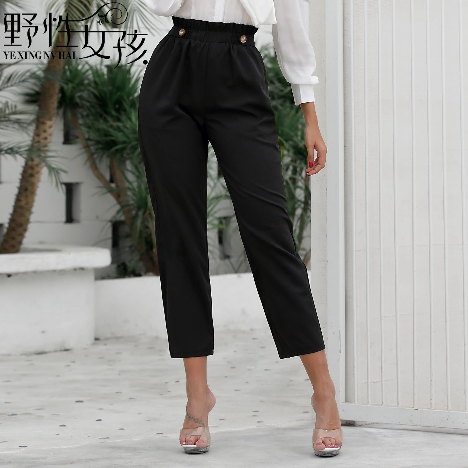 High Waisted Button Closure Wide Leg Pants Elastic Waist Casual Style Comfortable Fit Wholesale Available