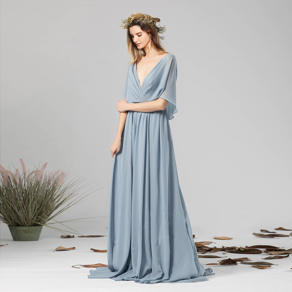 Chiffon Maxi Dress Deep V Neck Open Back Elegant Design Perfect for Parties and Special Occasions Wholesale