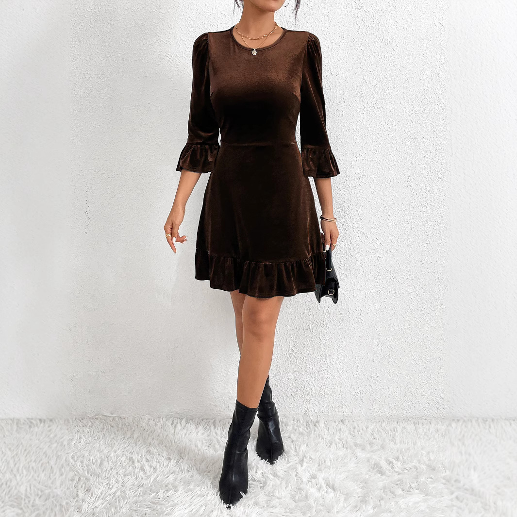 Autumn Winter New Round Neck Slim Fit Ruffle Short Dress Elegant Velvet Dress