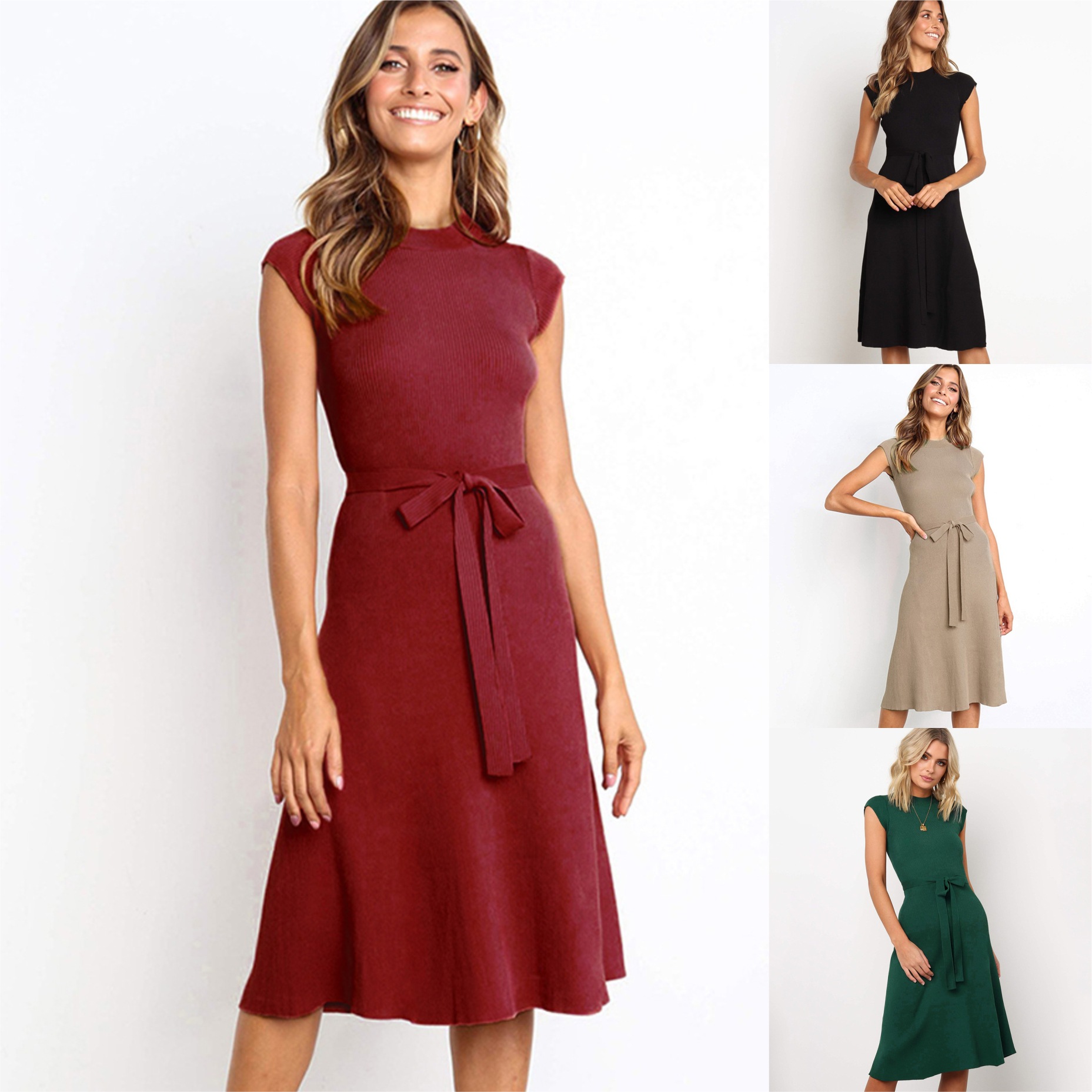 Womens Solid Color Tie Front Dress Fashionable Round Neck Short Sleeve Lightweight Fabric Spring Summer Collection