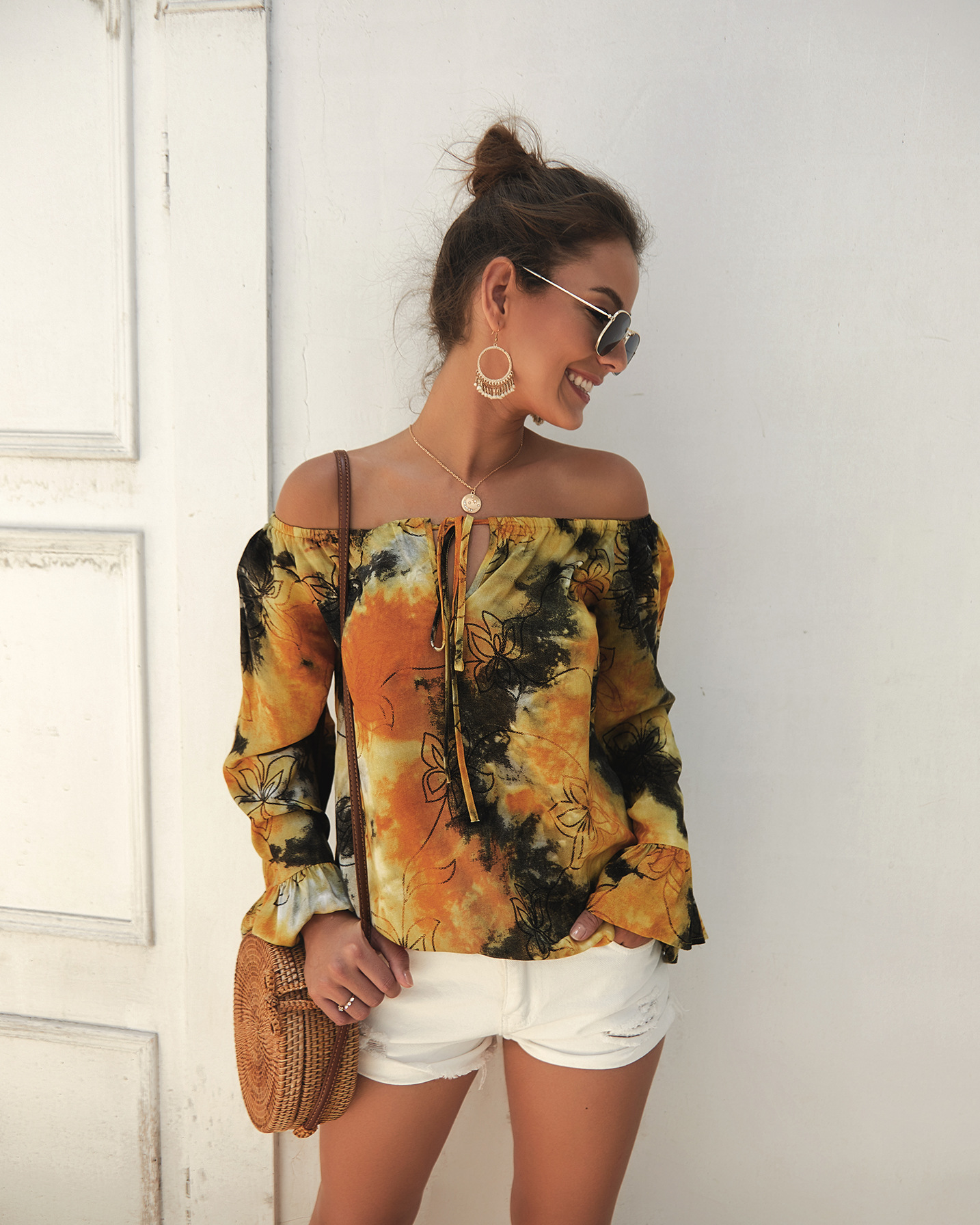 Womens Summer Long Sleeve Off Shoulder Top Original Design Lightweight Fabric Trendy Style Perfect for Casual