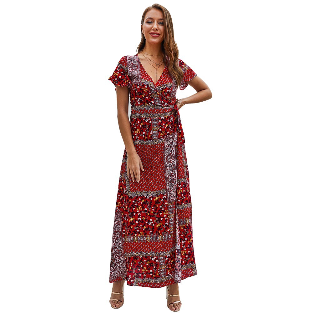 Bohemian V Neck Short Sleeve Dress Summer Collection Unique Design Lightweight Fabric Perfect for Casual Outings