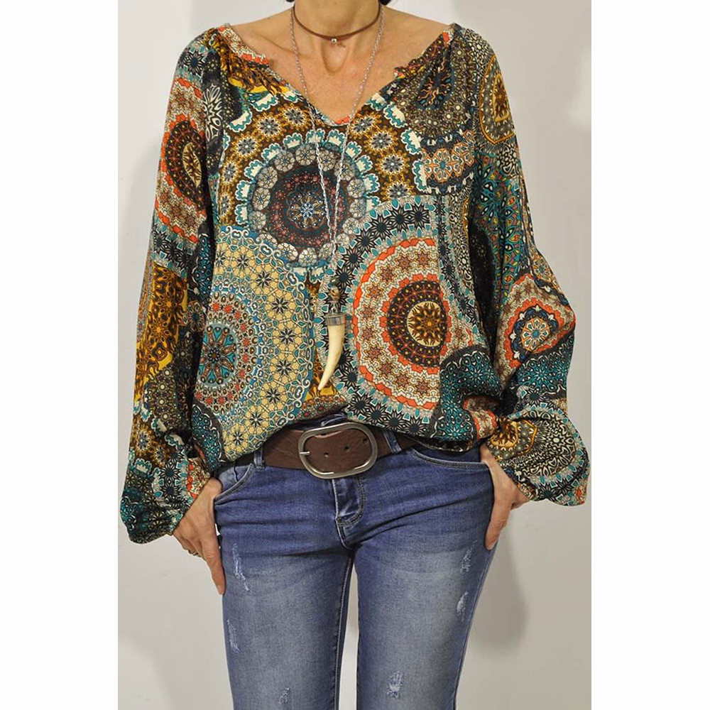 Vintage Floral Print Womens Loose Fit V Neck Long Sleeve Top Autumn Style Casual Wear Wholesale Available