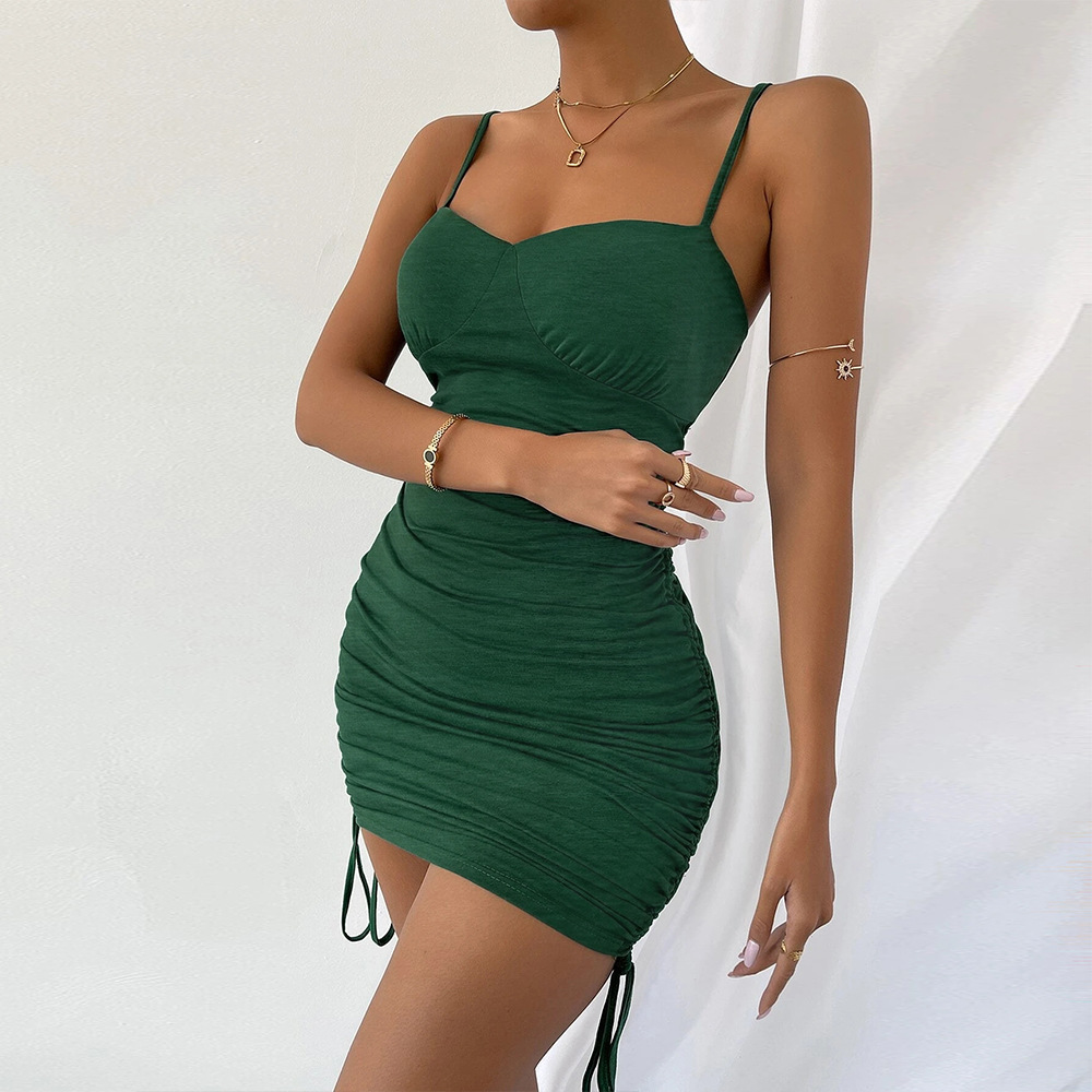 Spring Summer New Slim Fit Mid Waist Solid Color Strap Dress