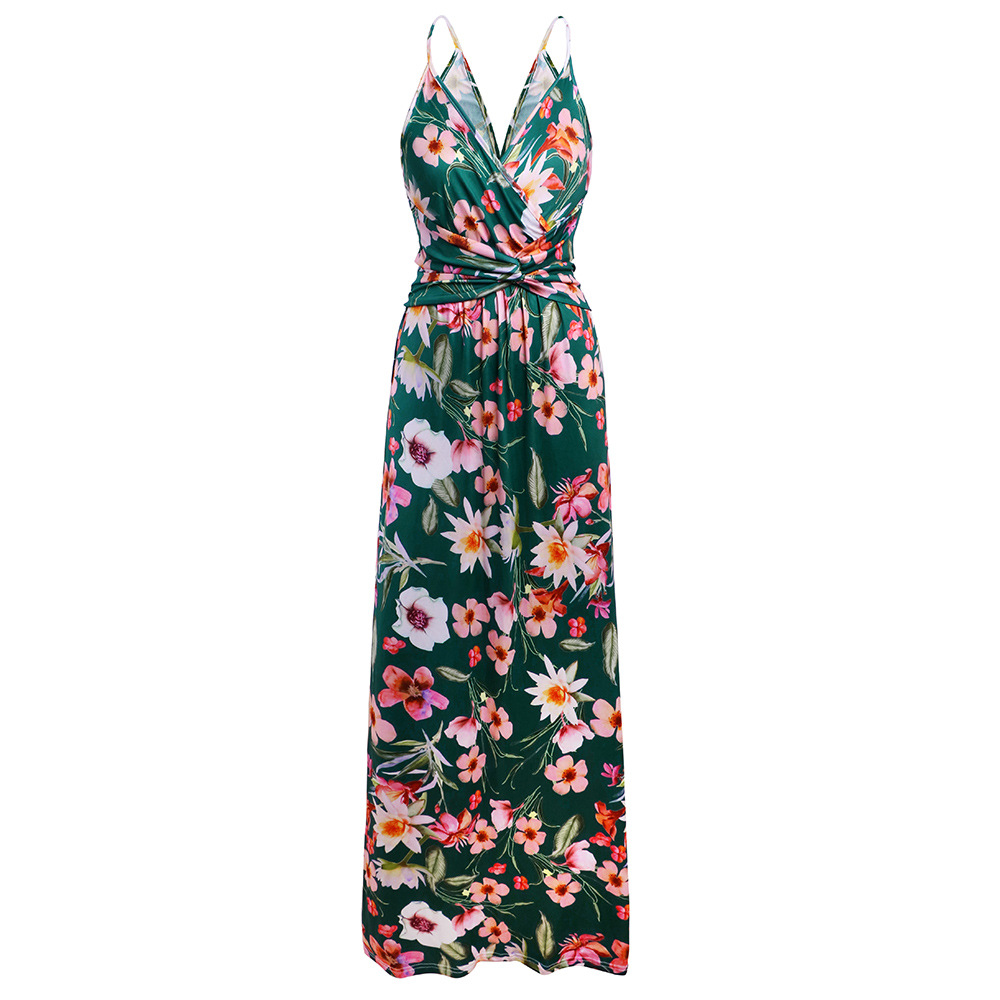 Womens Floral Print Maxi Dress V Neck Backless Sleeveless Summer Beachwear Wholesale Available