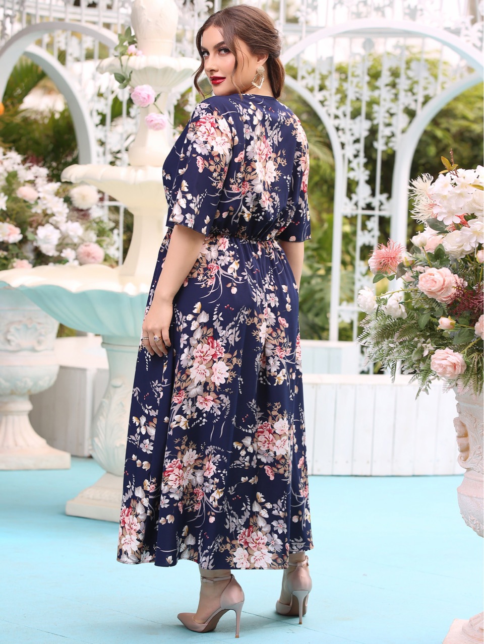 Plus Size Long Sleeve Maxi Dress Navy Blue Elastic Waist Floral Print Casual Wear for Summer Ready to Ship