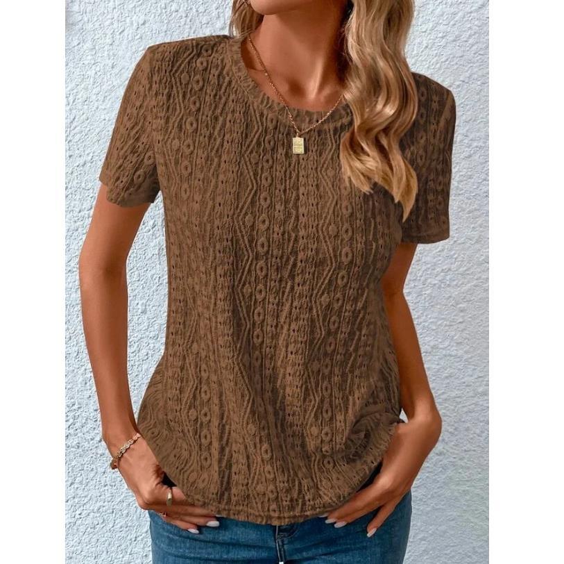 Womens Summer T Shirt Comfortable Fresh Sweet Hollow out Design Round Neck Short Sleeve Casual Wear