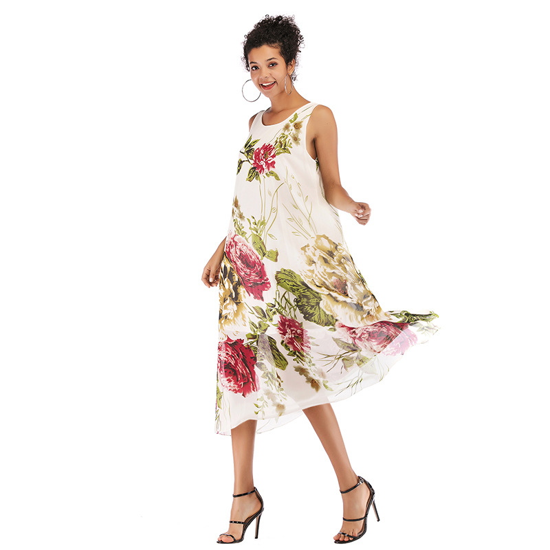 Womens Beach Dress Sleeveless Round Neck Floral Print Flowy Chiffon Summer Casual Wear Wholesale Available