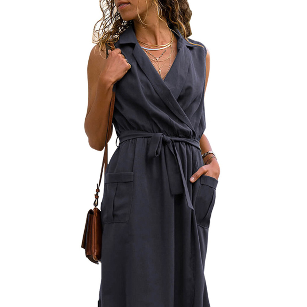 Summer Womens Dress Solid Color Sleeveless High Waist Tie Belt Midi Length Casual Wear Wholesale Available