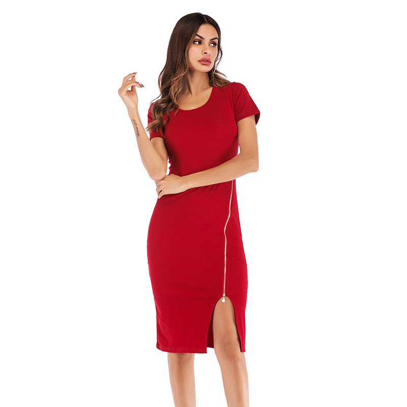 Womens Bodycon Pencil Dress Solid Color Short Sleeve Round Neck Zipper Closure Casual or Formal Wear Wholesale