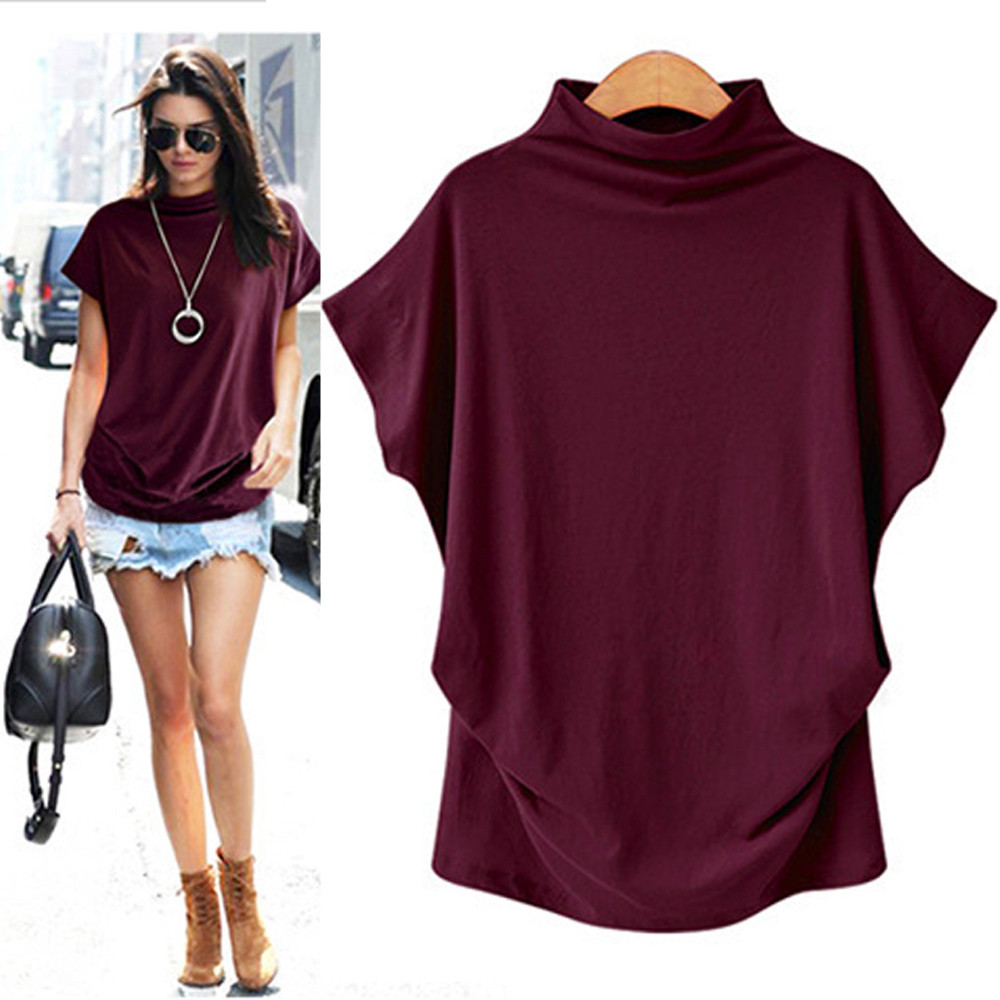 Plus Size Womens High Neck Top Batwing Sleeve Short Sleeve Comfortable Fabric Casual Wear Wholesale Available