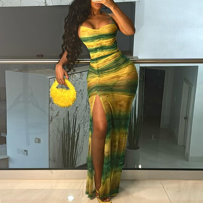 Summer New Women's Sexy Backless High Slit Dress with Lace Up Design for Cross Border Fashion in Europe and America