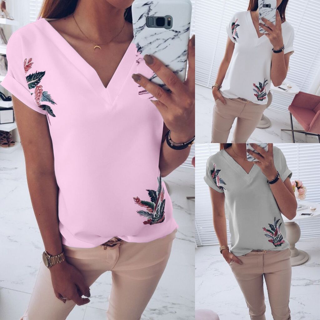 V Neck Short Sleeve Printed T Shirt for Women Casual Style Summer Wear Comfortable Fabric Ready to Ship