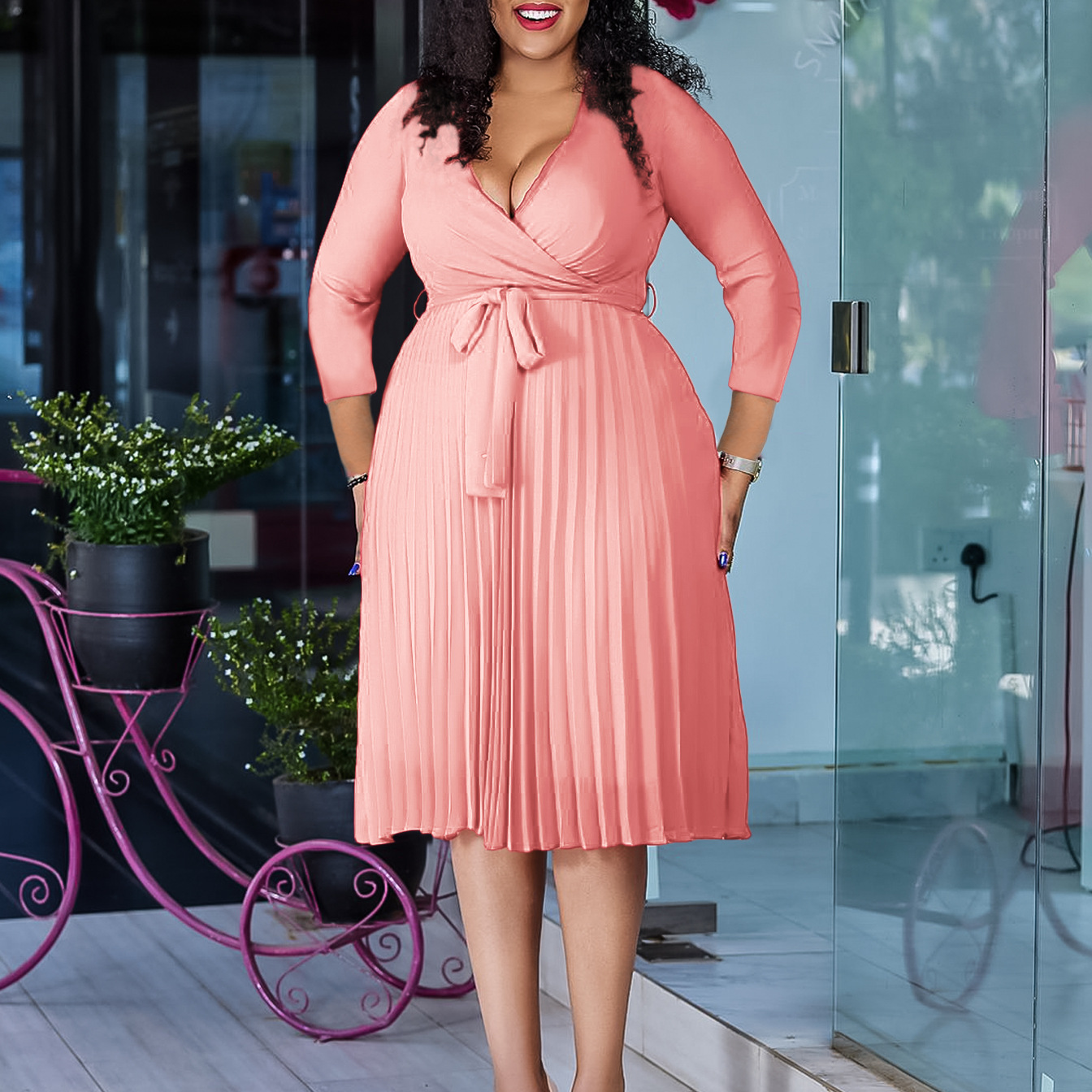 Fashionable Women's Casual Elegant Solid Color V Neck Long Sleeve Pleated Dress for Cross Border Trade