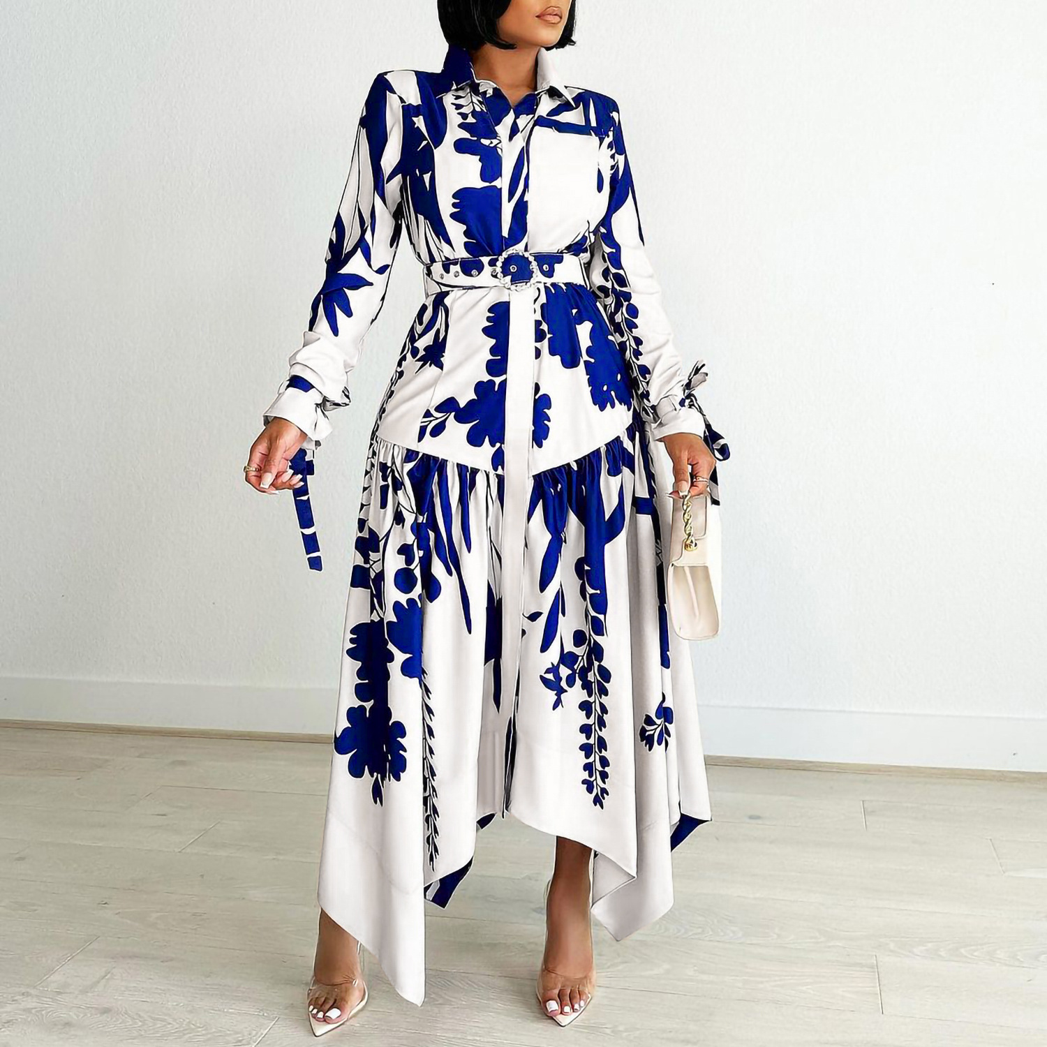 Plus Size Women's Fashion Dress with Irregular Collar, Elegant Printed Design for Cross Border Trade in Europe and America