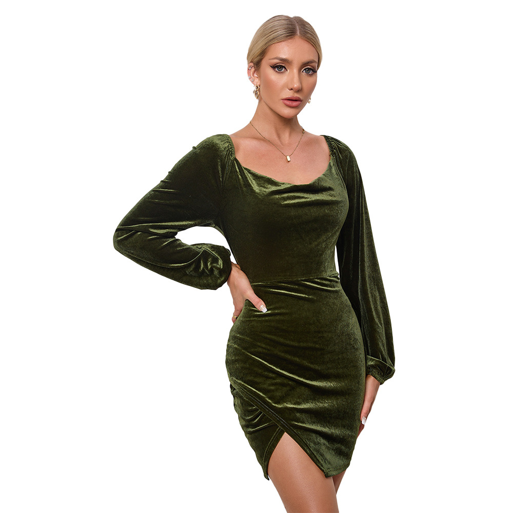 Slim Fit Split Hem Square Neck Puff Sleeve Velvet Party Dress for Autumn and Winter