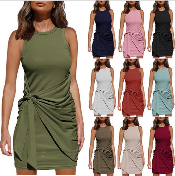 Sleeveless Round Neck Ruffled Dress Bow Tie Waist Asymmetrical Hem Elegant Style Perfect for Parties and Events