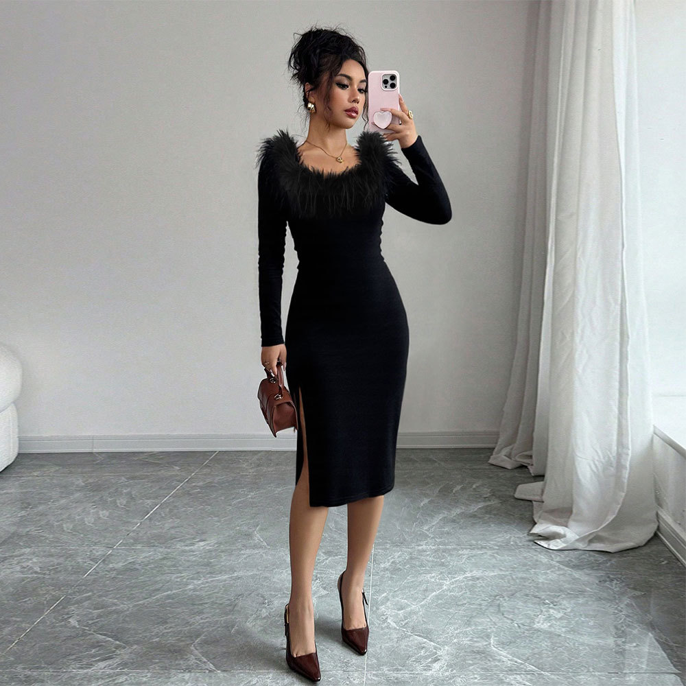 Black Plush Collar Long Dress for Women Slim Fit Side Slit Elegant Design Perfect for Autumn and Winter Evening