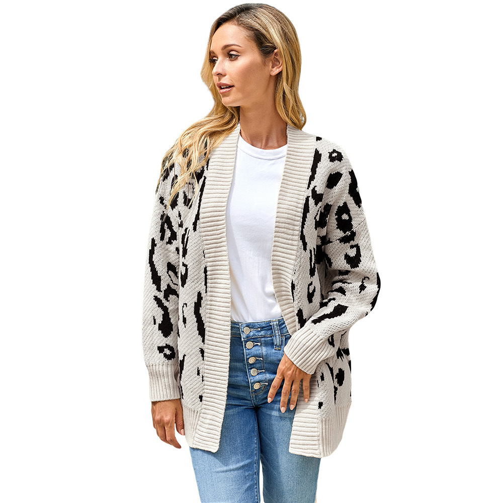 Womens Leopard Print Knit Cardigan Long Sleeve Loose Fit Casual Style Perfect for Autumn and Winter Wholesale