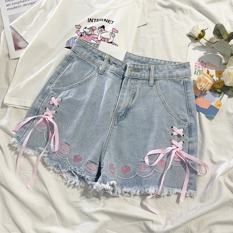 Japanese Style High Waisted Denim Shorts Blue Embroidered Frayed Hem Cute Loose Fit Summer Casual Wear
