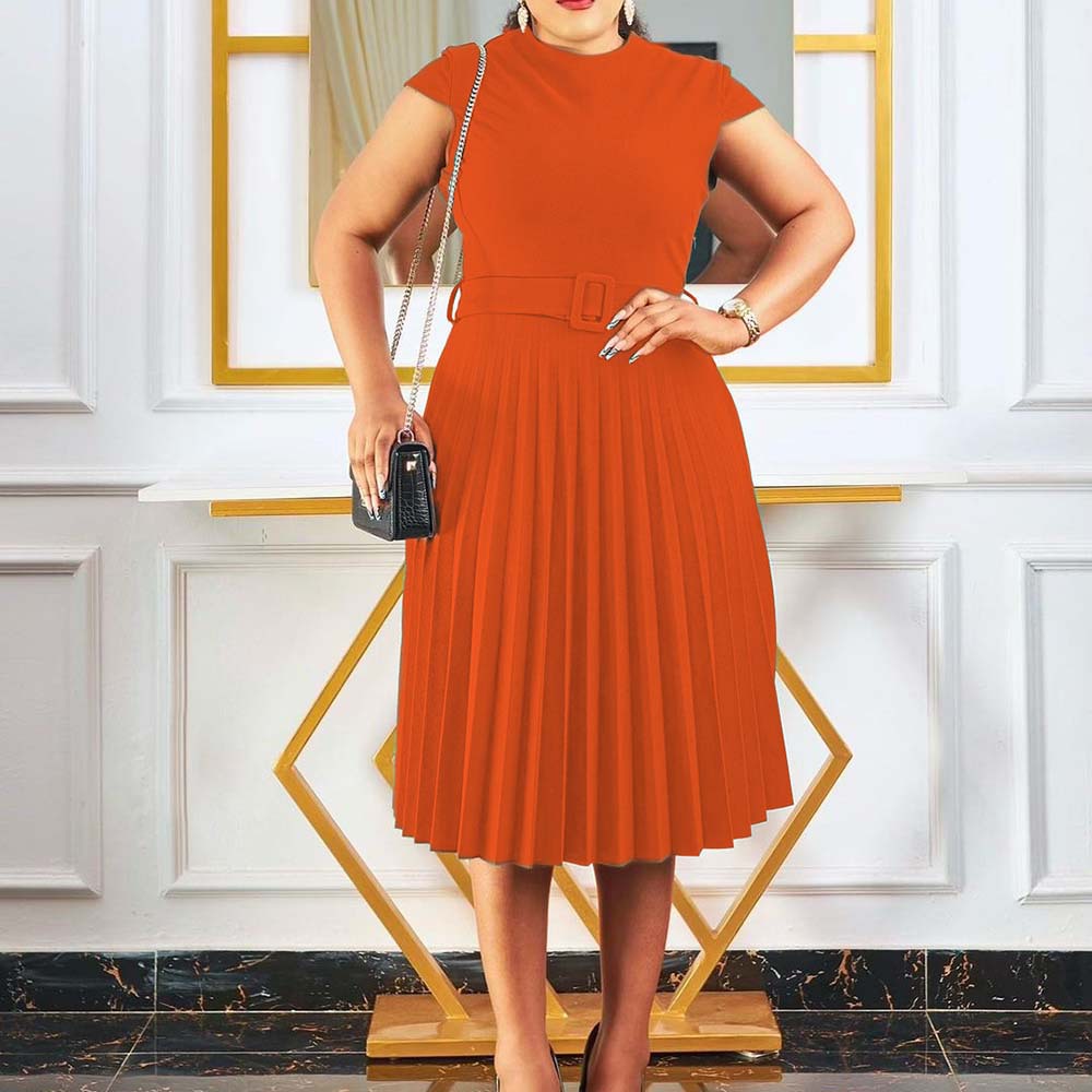 European Market Casual Dress — Short Sleeve, Solid Color, Stylish Tie Waist, Pleated Design, Slim Fit — Summer Wear — Wholesal