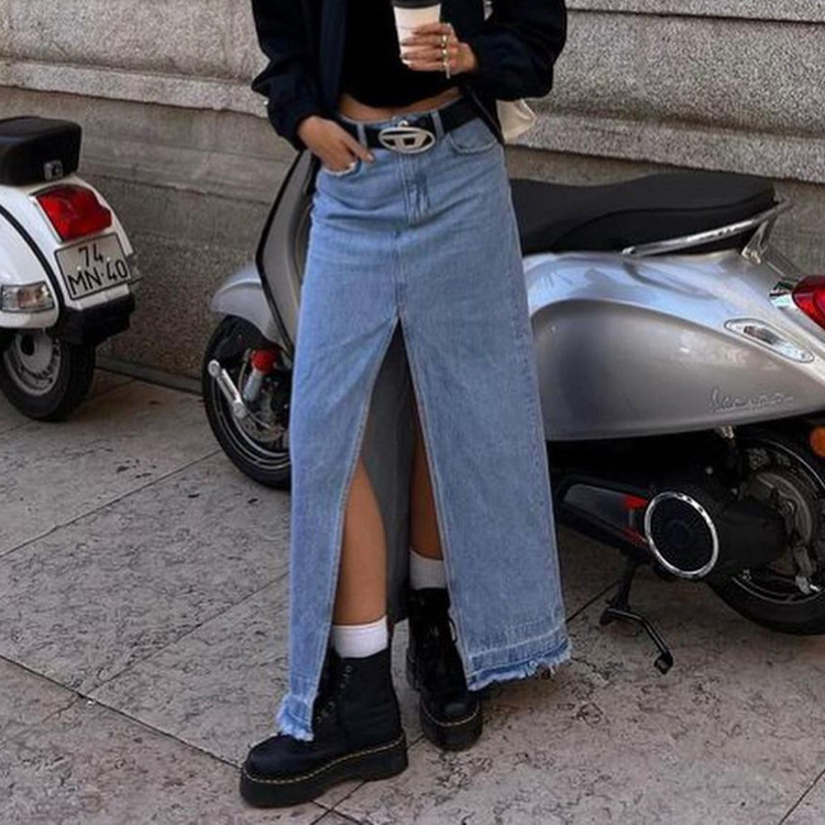 Vintage High Waisted Denim Maxi Skirt Slim Fit Split Design Long Length Autumn Fashion for Women Wholesale Available