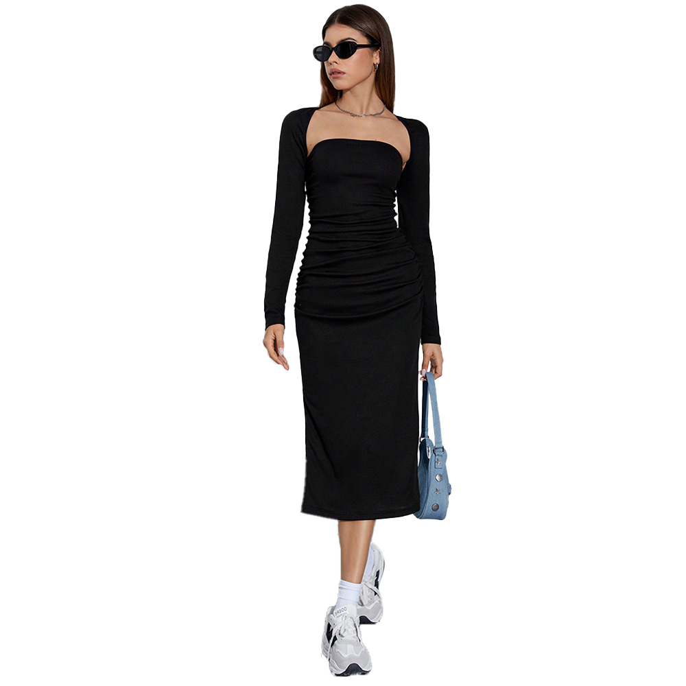 Autumn Winter Split Hem Bodycon Mid length Dress Two piece Set with Strapless Top and Long Sleeves