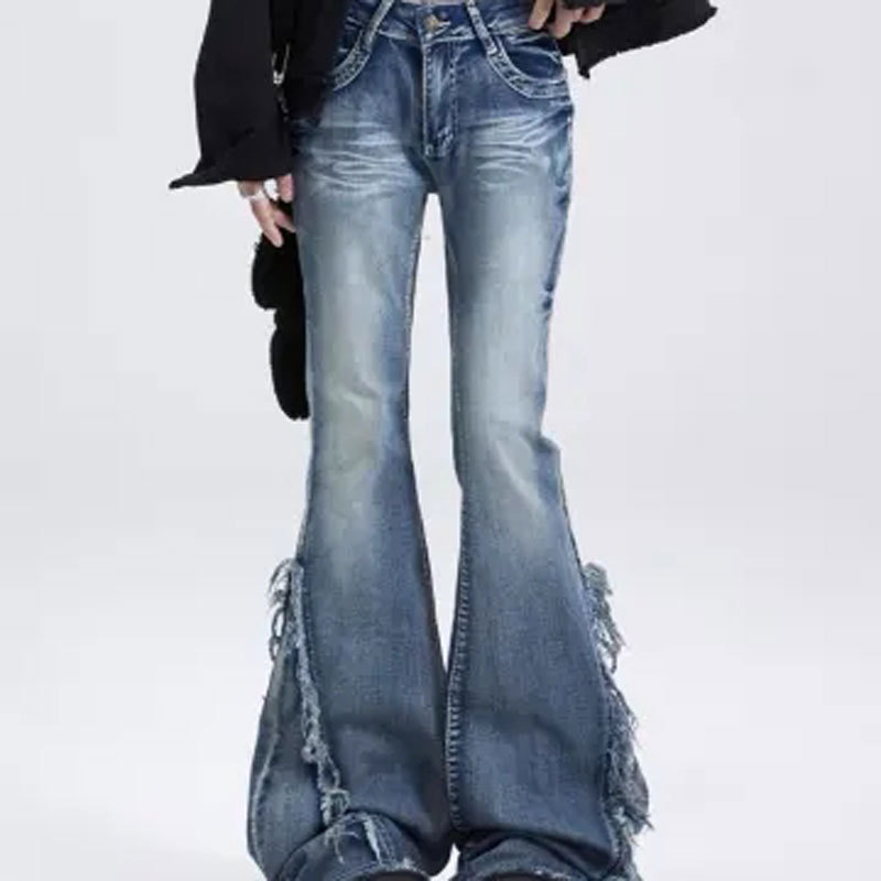 Plus Size Vintage Washed Frayed Hem Flare Jeans for Women Slim Fit High Waist Heavy Duty Fabric Casual Wear