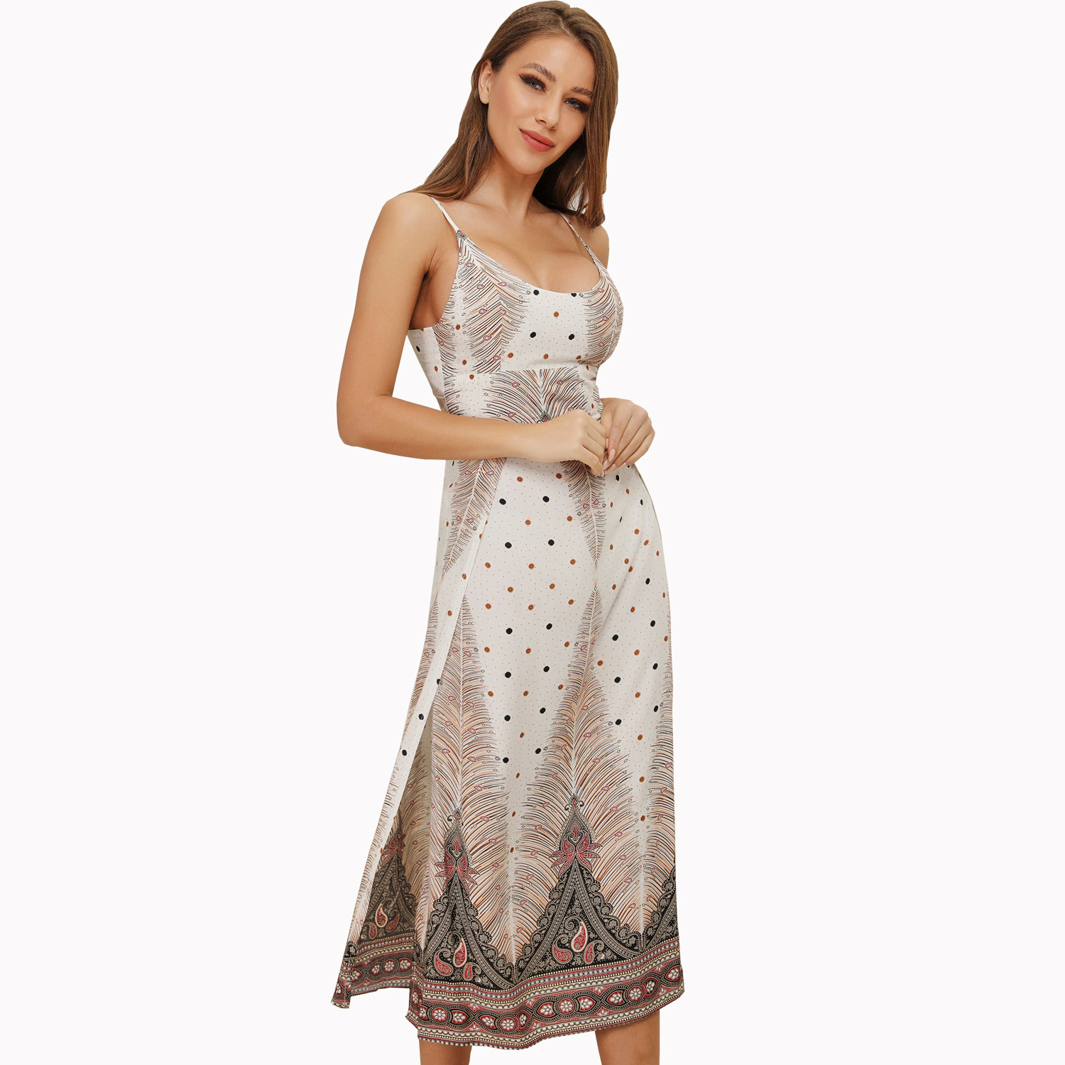 Bohemian Print Maxi Dress Sexy Spaghetti Straps Open Back High Slit Summer Vacation Wear Wholesale Available