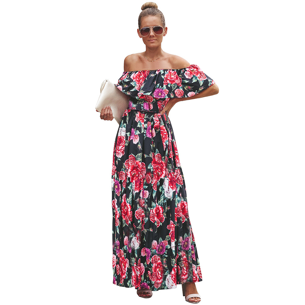 A Line Dress Short Sleeve Floral Print Off Shoulder Spring Summer Fashion for Women Wholesale Available