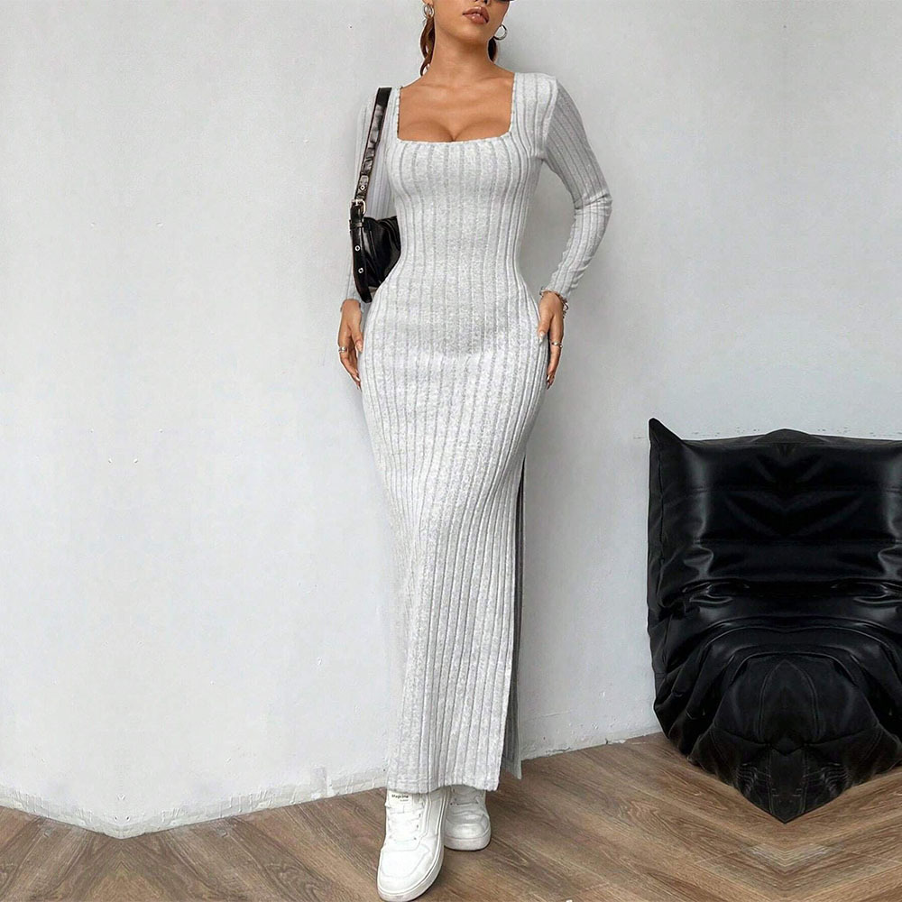 Simple Elegant Women's Dress with Square Neck and Backless Design, Long Sleeve Mid length Dress for Autumn and Winter