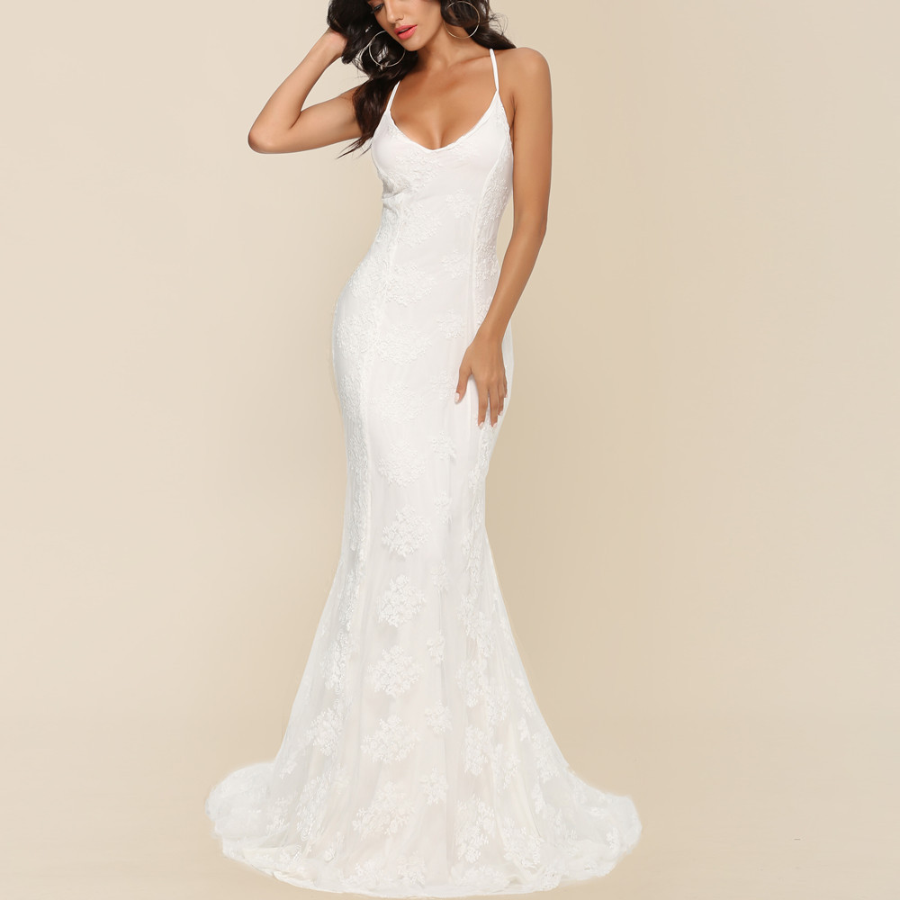 Elegant V Neck Maxi Dress Sexy Spaghetti Straps Train Detail Perfect for Weddings Wholesale Available