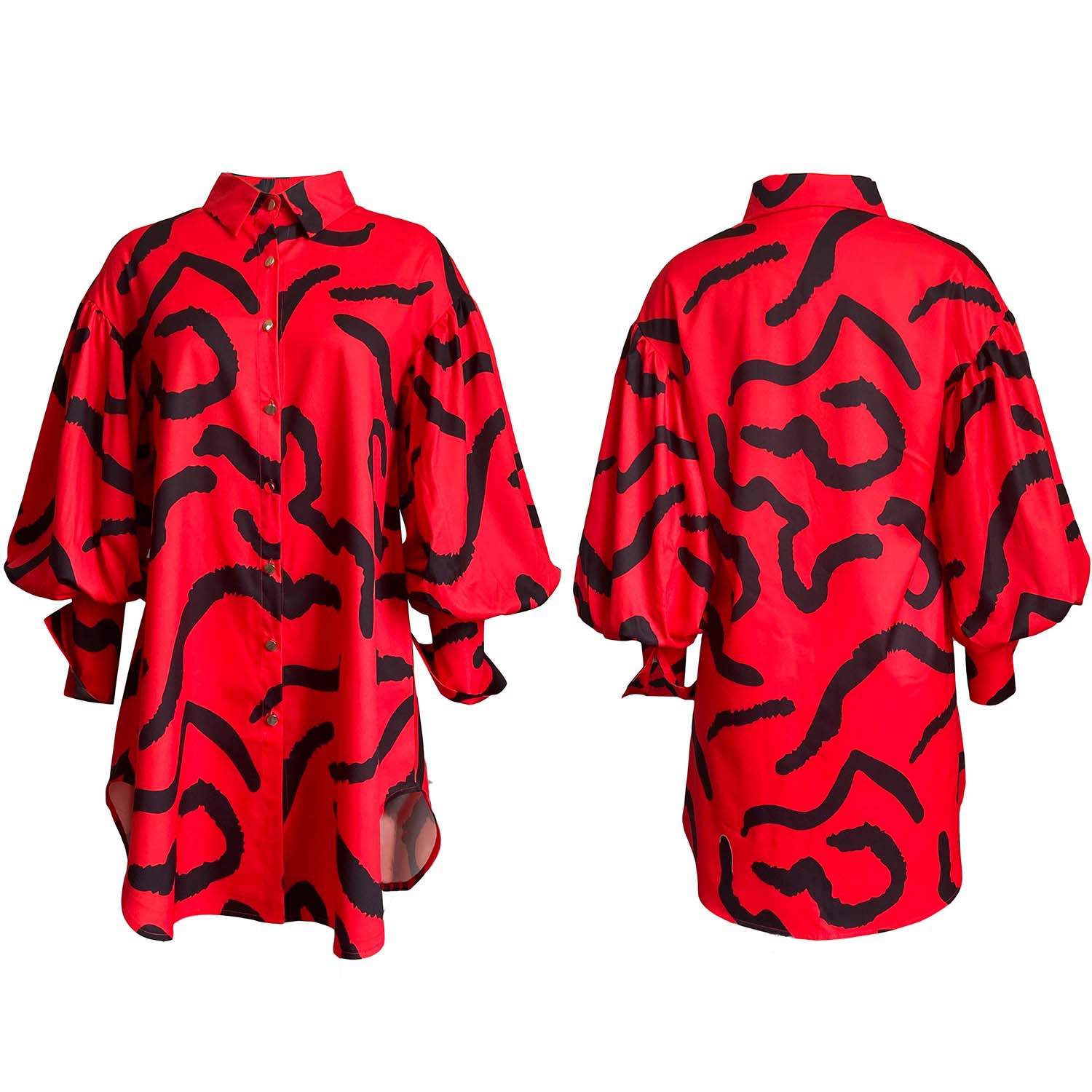 Loose Commuter Printed Lapel Dress Shirt Dress