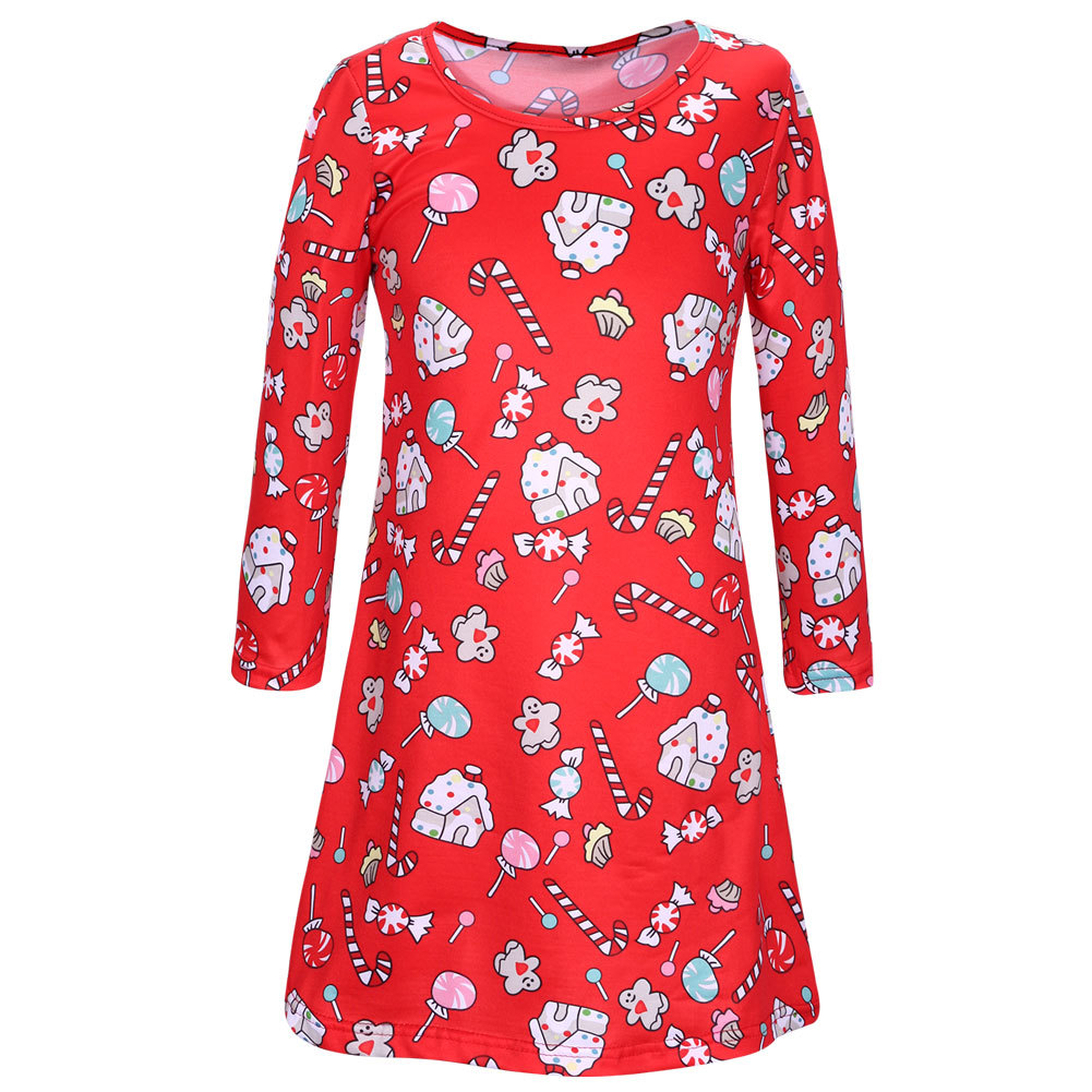 Christmas Cartoon Print Dress Long Sleeve Round Neck Comfortable Fabric Festive Occasion Wear Wholesale Available