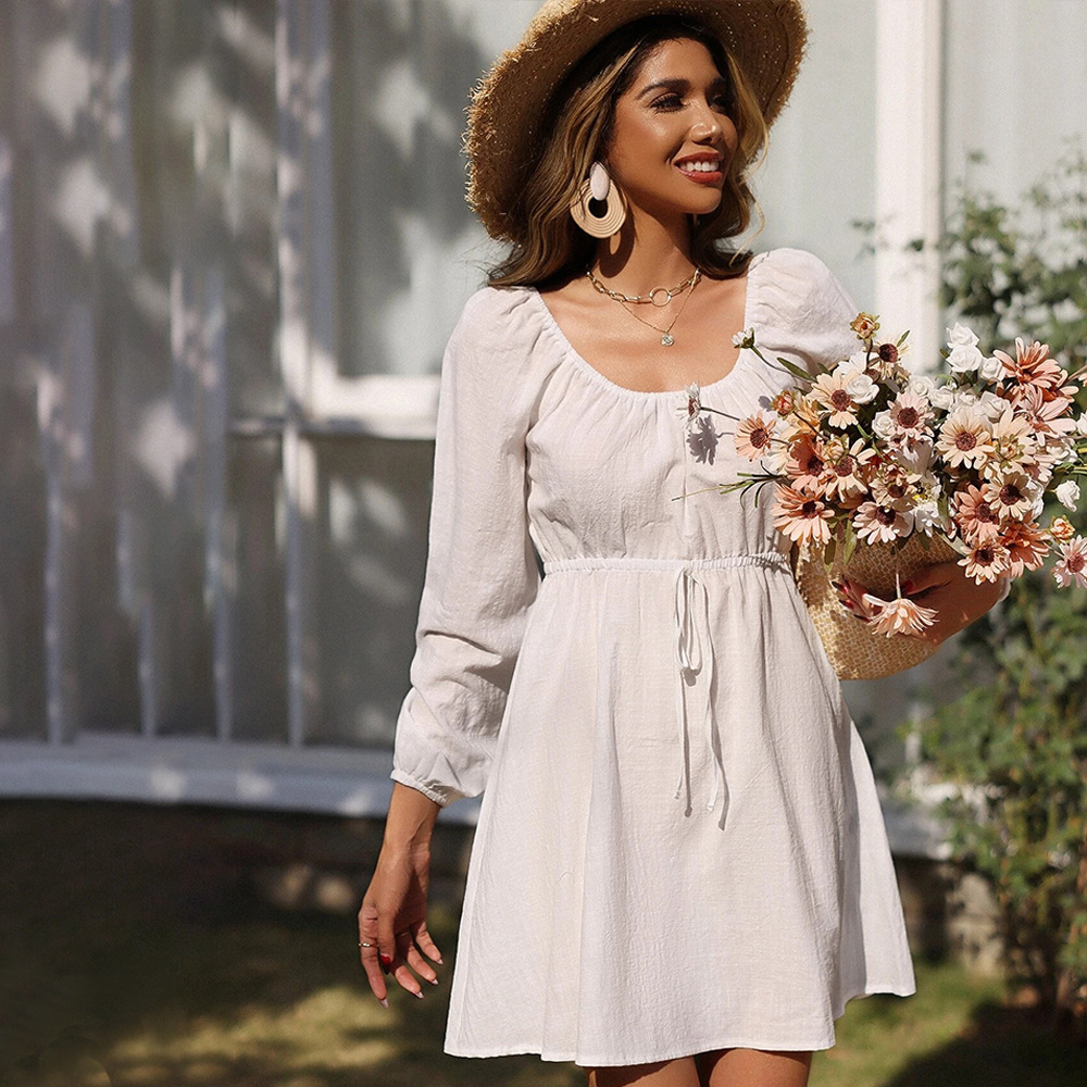 Spring and Summer Loose Casual Vacation Long Sleeve Elastic Waist Square Neck A line Dress