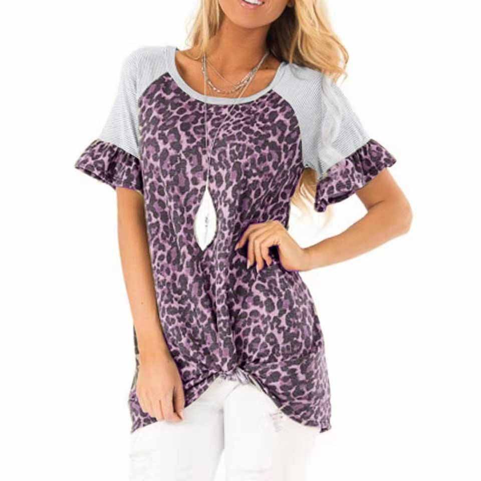 Womens Leopard Print Short Sleeve T Shirt Round Neck Flared Sleeves Casual Style Perfect for Spring Summer