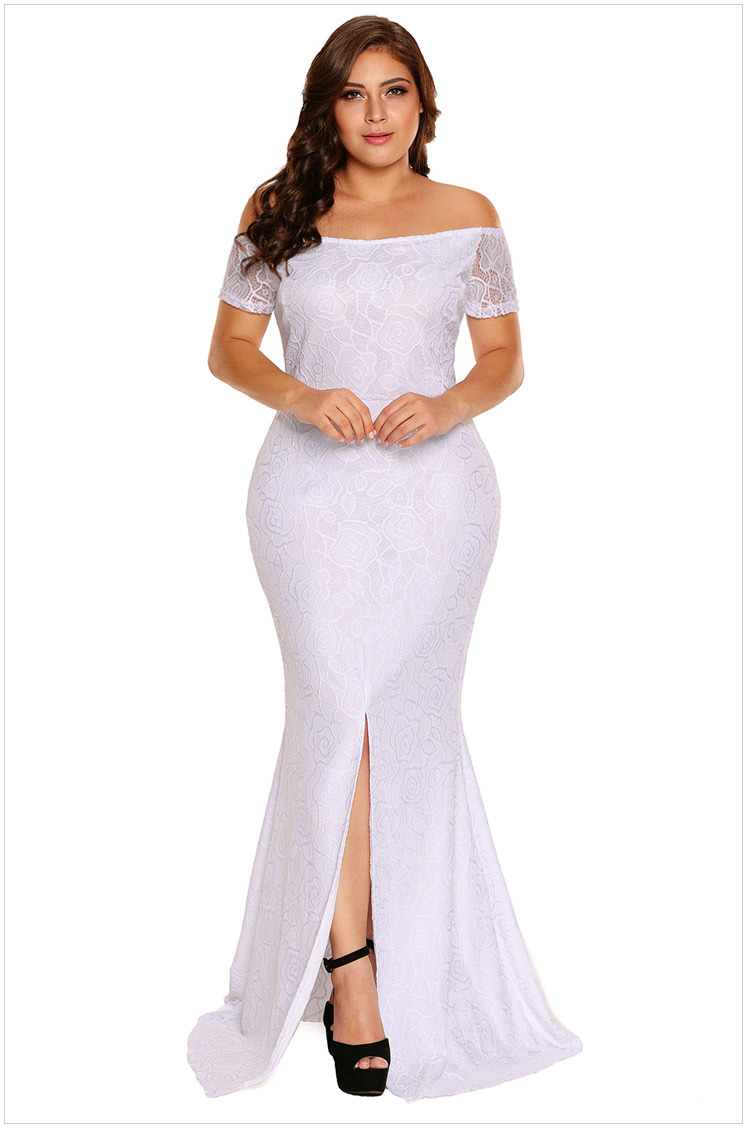 Plus Size Off Shoulder Lace Maxi Dress Short Sleeve High Slit Elegant Design Perfect for Formal Events Wholesale