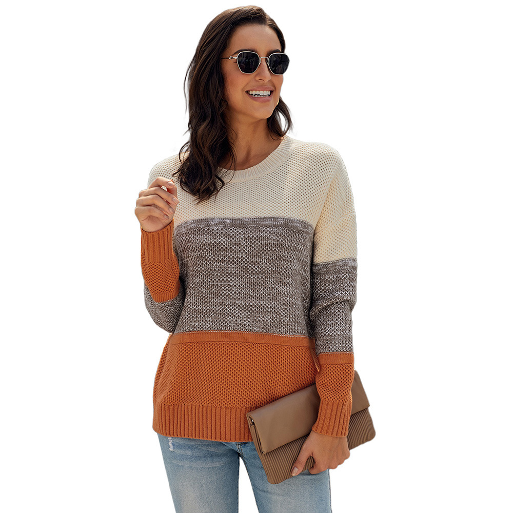 Womens Color Block Knit Sweater Round Neck Long Sleeve Cozy Fabric Winter Casual Wear Wholesale Available