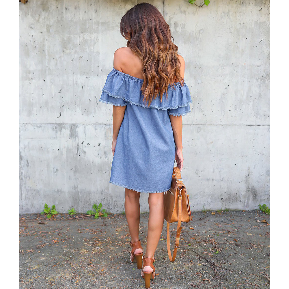 Embroidered Denim Dress Loose Fit Off Shoulder Ruffle Sleeve Spring Fashion Casual Wear Wholesale Available
