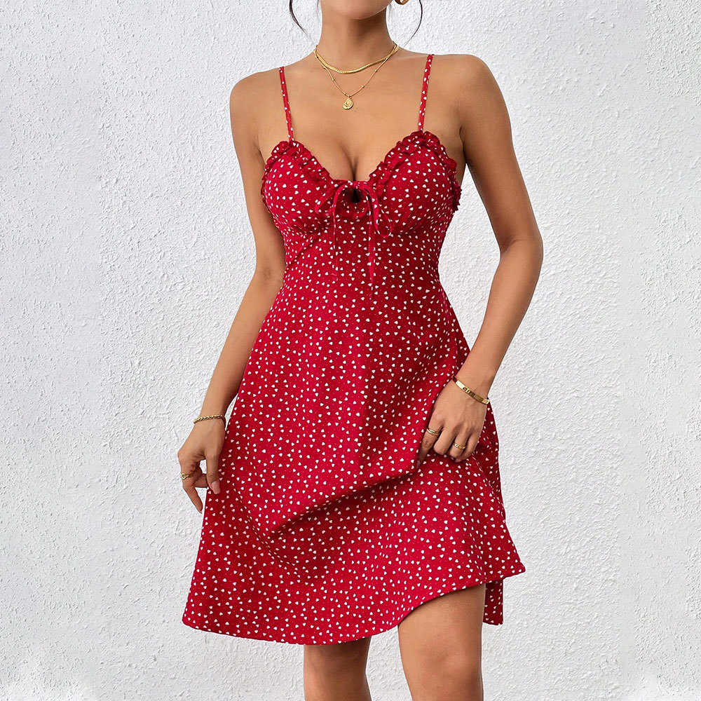 French Style Sexy Polka Dot Slim Fit Backless Spaghetti Strap Short Dress for Women