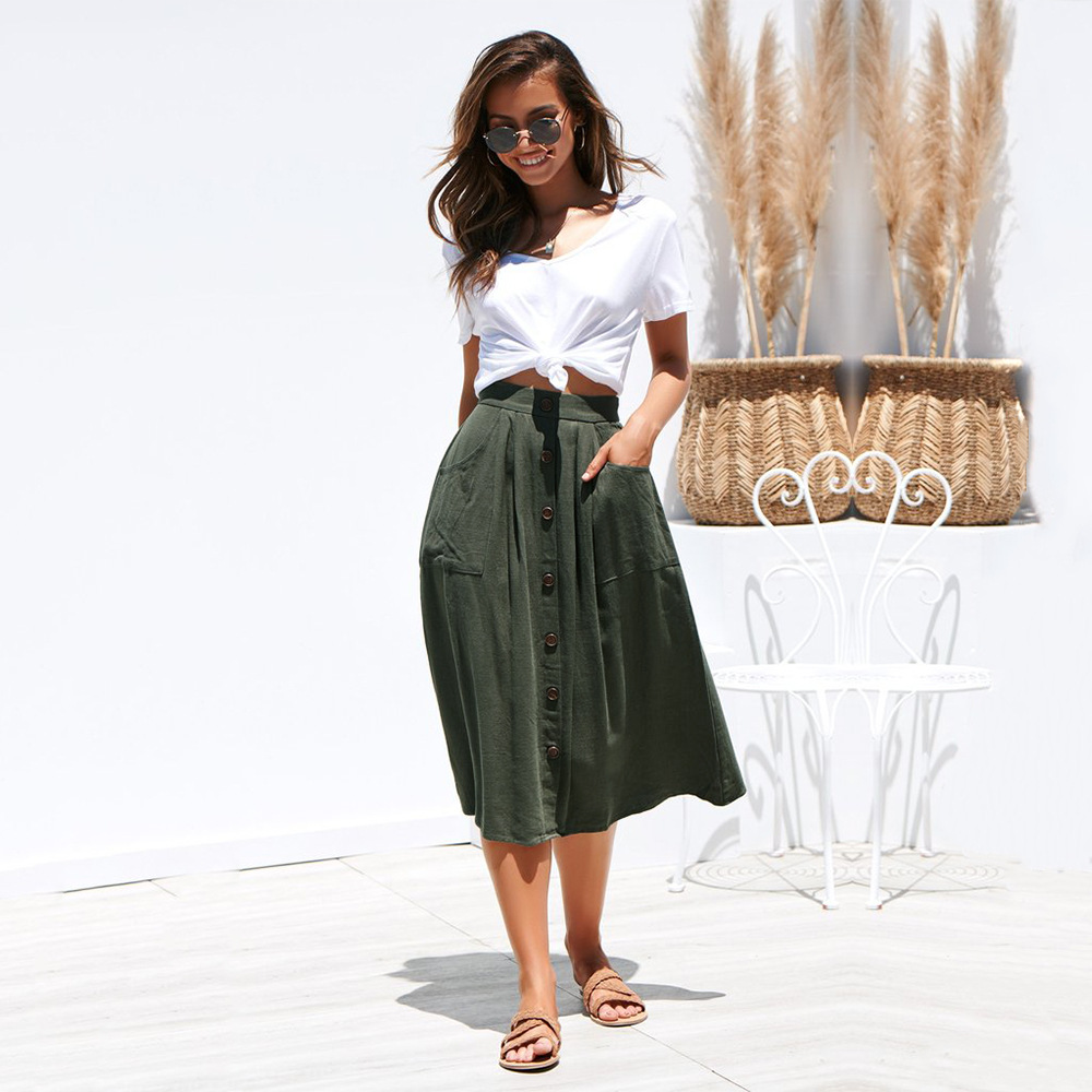 Loose Pocket Midi Skirt Four Colors Button Detail Comfortable Fit Spring Summer Fashion Ready to Ship