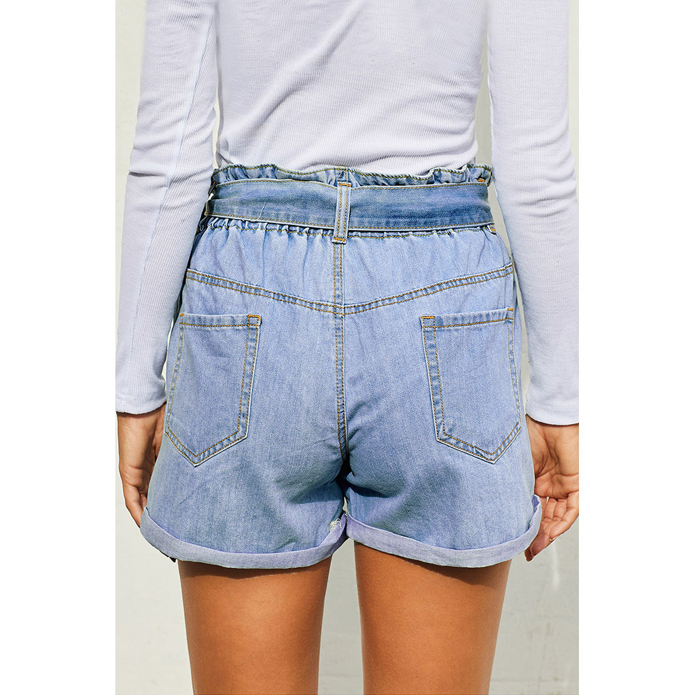 Womens High Waisted Denim Shorts Blue Paper Bag Waist Straight Leg Summer Casual Wear Wholesale Available