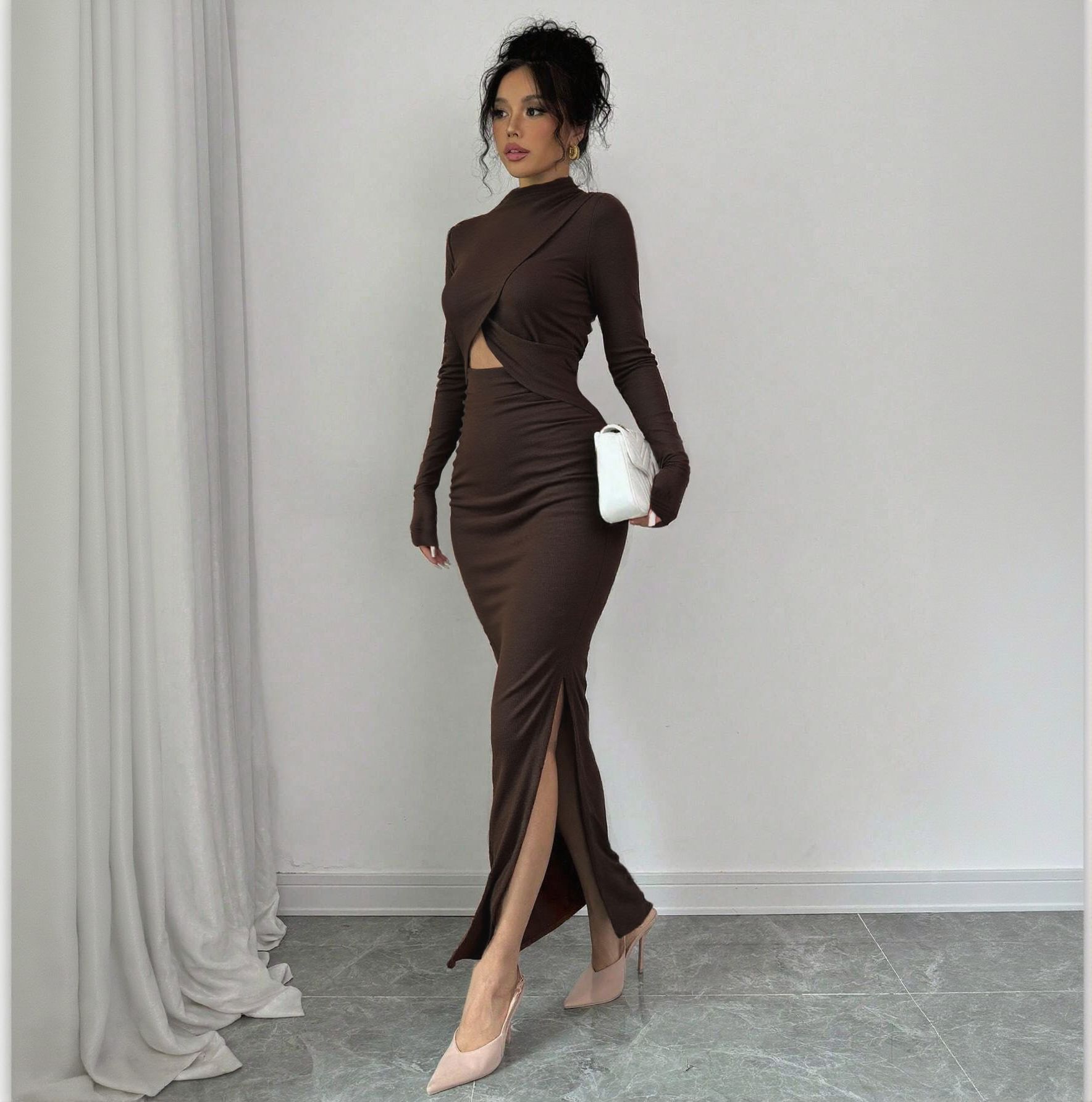 European and American Market, Sexy Split Long Sleeve Dress — Slim Fit, Waist Exposing, Elegant Style — Autumn and Winter Colle
