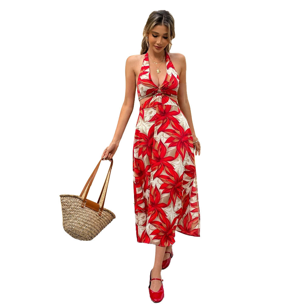 Spring Summer Vacation Style Women's Dress Sexy Backless Halter Long Dress
