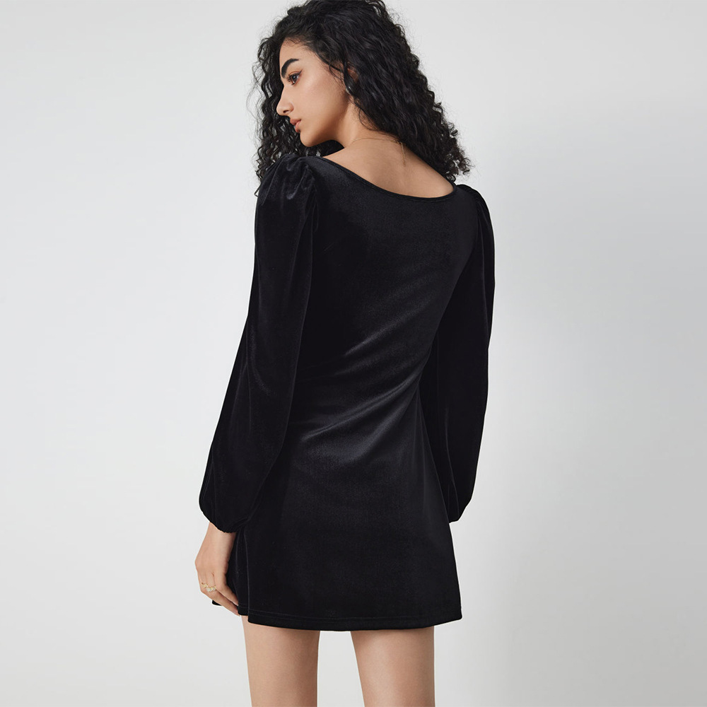 Autumn and Winter New European and American Cross border Slim Waist A line Party Square Neck Long Sleeve Velvet Dress