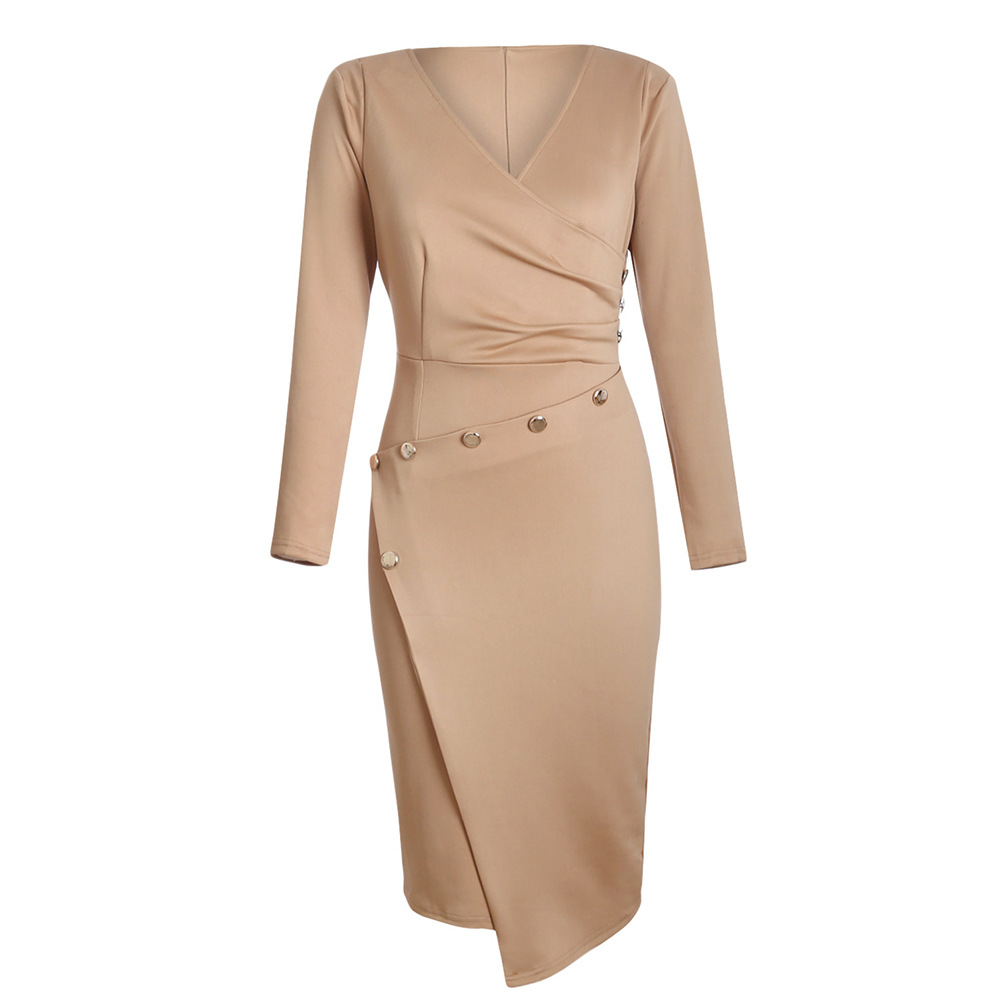 Womens Mid Length Asymmetrical Dress V Neck Long Sleeve Trendy Design Perfect for Casual or Formal Occasions